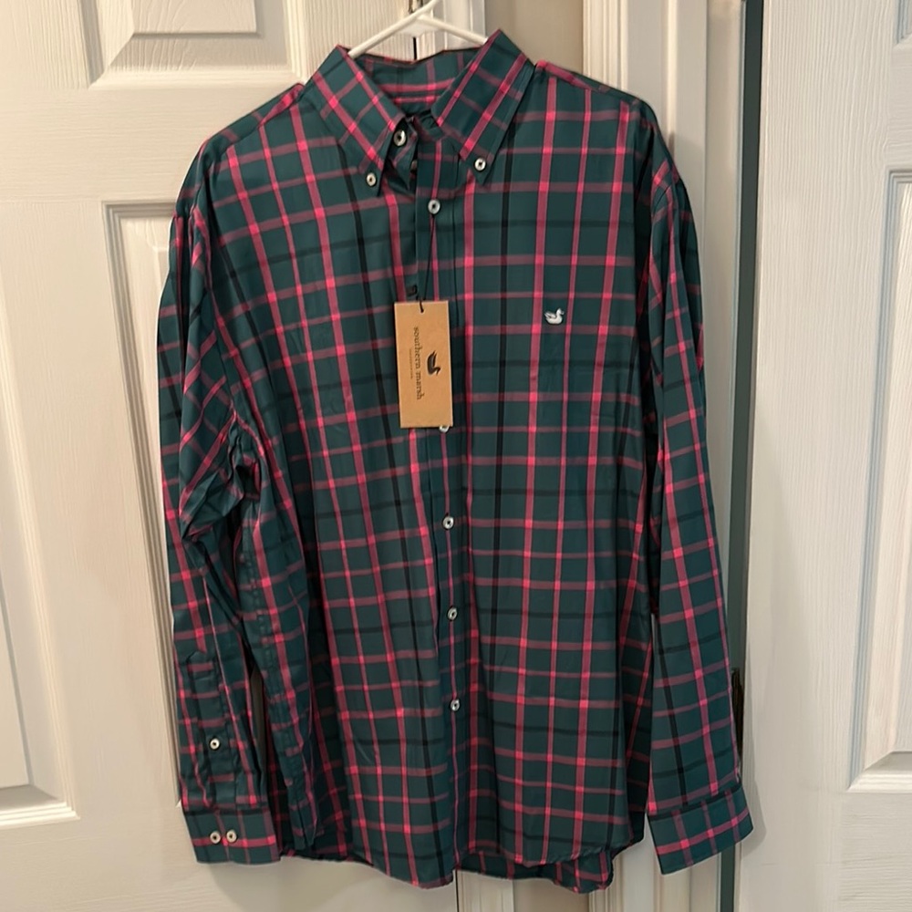 Southern Marsh Green and Pink Casual Button Down Shirt